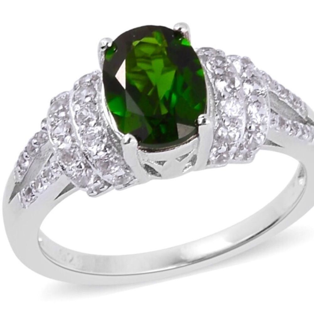 Platinum Chrome Diopside White Zircon Rhodium Halo Ring NEW